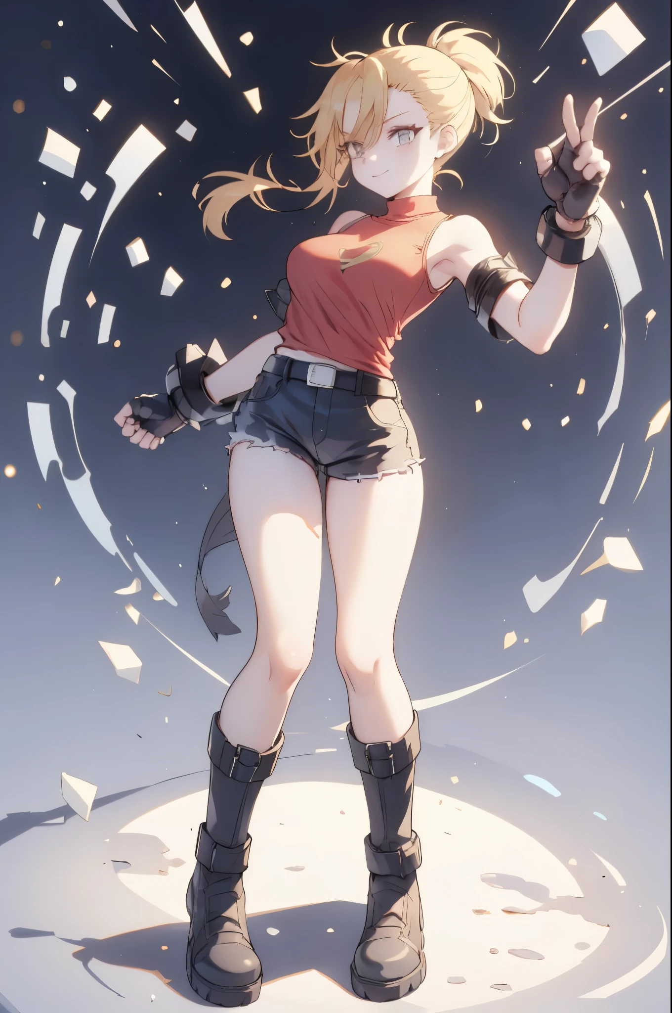 (best quality:1.2),solo,1girl,mdrin,smile,looking at viewer ,stand pose , ponytail,v-shaped eyebrows,red shirt, fingerless gloves,black shorts , garden background, warm color tones,soft lighting, Hair over one eye, ultra long hair, standing on hooftop, long boots, long ponytail, blonde , fullbody view, stand straight with your back upright. Keep your shoulders back and maintain a straight line from your head to your feet, symmetrical frontal view, face aligned,