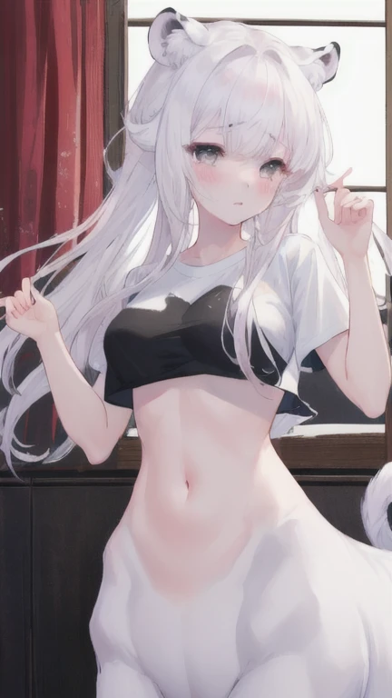 (best quality, masterpiece), 1 girl, centaur, It takes, White skin, korean ,daughter, black pink , crying sound,abdominal exposure, belly button t-shirt , 아름다운 소녀 perfect white tiger photo, perfect white tiger photo