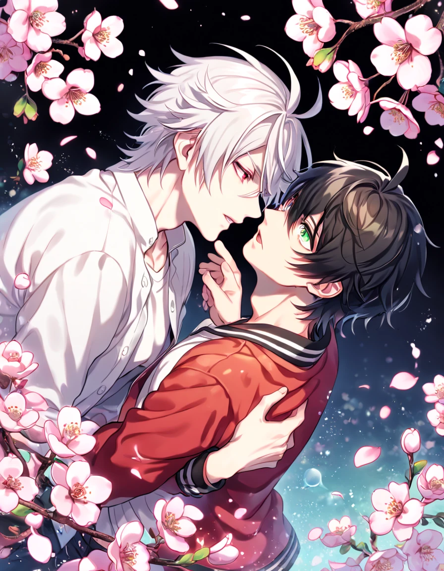 Ultra detailed, HDR, Highres, absurdres, master piece, Aohitsugi Samatoki, white hair, long eyelashes, expressive red eyes, Yamada Ichiro, black hair, expressive green eyes, white shirt, red varsity jacket, Hypnosis Mic, two sexy man together, gay couple, yaoi, love, cherry flowers, blossoms, fantasy, magical, pink leaves, water, handsome, sensual,