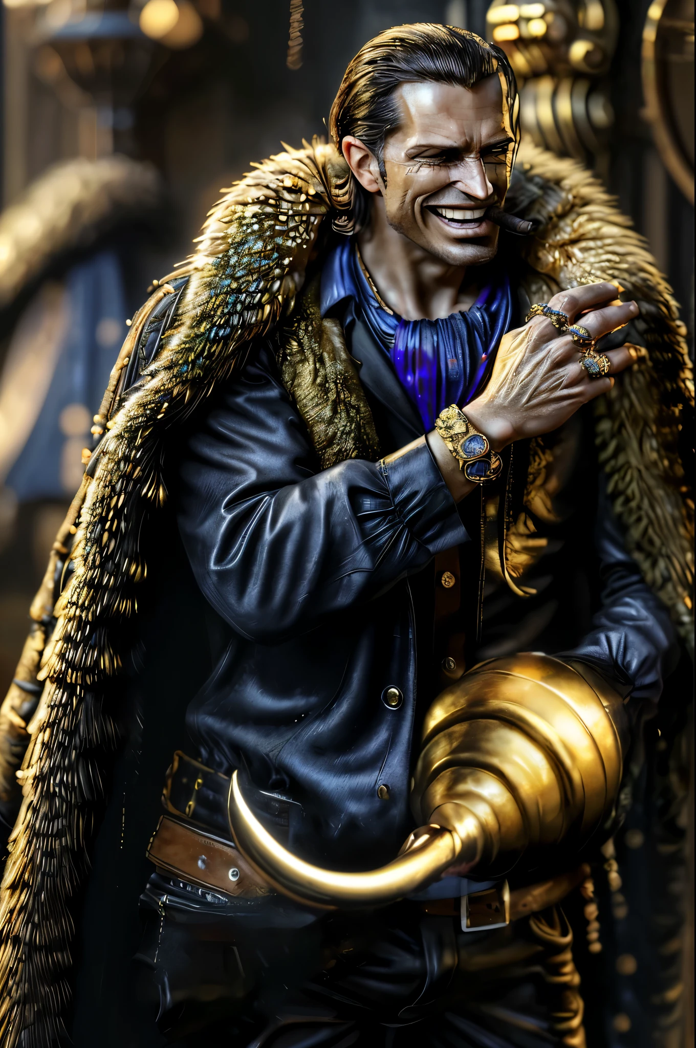 masterpiece, best quality, extremely detailed, hyperrealistic, photorealistic, a cool 40s man, ultra detailed face:1.2, fur-trimmed coat, scarf around the neck, his left hand is a golden pirate hook:1.1, cigar