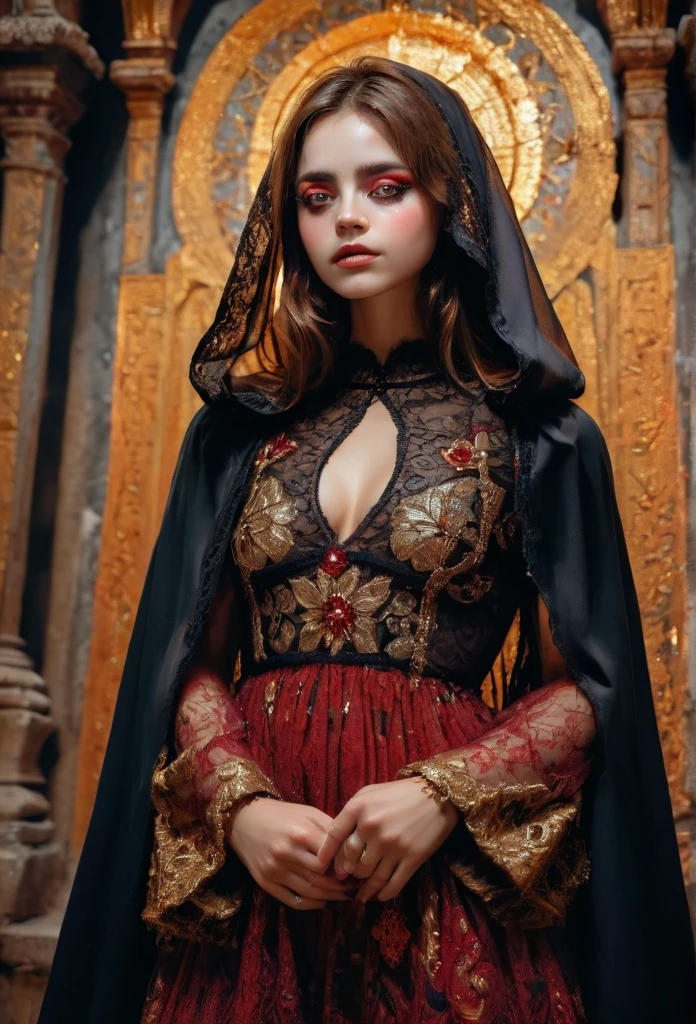 A beautiful young girl , religious woman wearing a cloak, fair skin Makeup, black stripes embroidered on the eyes , realisitic , background red, scar on the face, dress with golden lace ,arco de sol ao fundo , delalhes , vestido preto, chorando ,boca levemente aberta, mãos dadas orando 