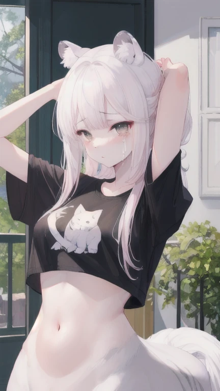 (best quality, masterpiece), 1 girl, centaur, It takes, White skin, korean ,daughter, black pink , crying sound,abdominal exposure, belly button t-shirt , 아름다운 소녀 perfect white tiger photo, perfect white tiger photo