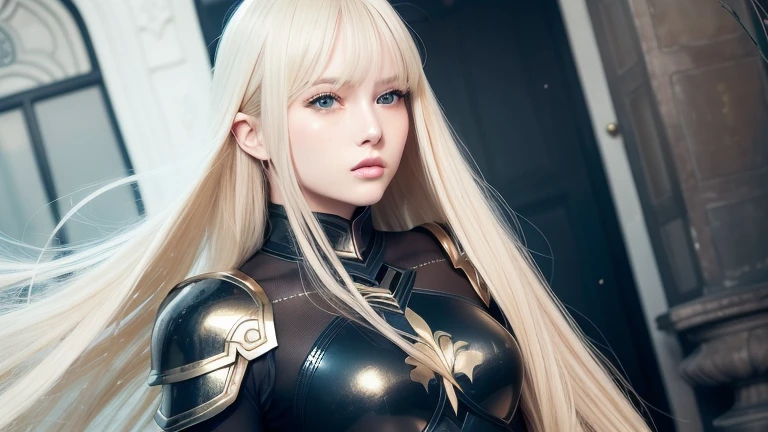 Unparalleled beauty, Firm and radiant skin, Bangs between the eyes, Beautiful dazzling golden platinum blonde with shiny straight hair, Super long straight silky hair, Eyeliner, Sexy, beautiful and pure 14 year old, High resolution big beautiful bright blue eyes, Beautiful and lovely girl, Baby Face, Jet Black Armor、、Perfect body、1 female