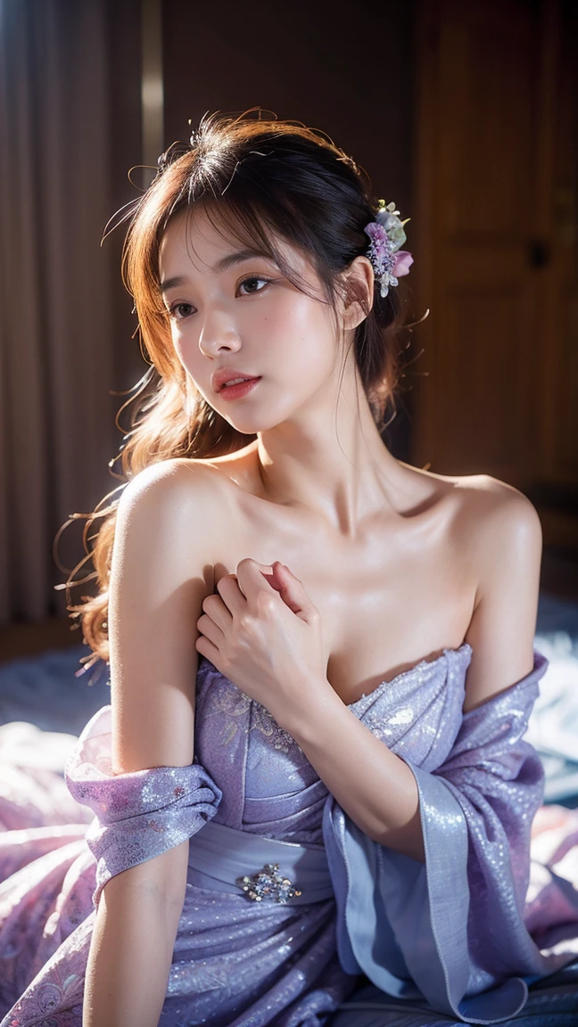 "A young woman with long, flowing silver hair lies on a surface covered with dark blue and purple fabric. She is wearing an elegant, detailed outfit with floral patterns and intricate designs. Her eyes are a striking shade of purple, and she has a serene yet slightly melancholic expression. Surrounding her are scattered pink flower petals, adding a delicate touch to the scene. The overall atmosphere is one of elegance and tranquility, with the woman's graceful pose and the soft colors contributing to a dreamy, ethereal feel."