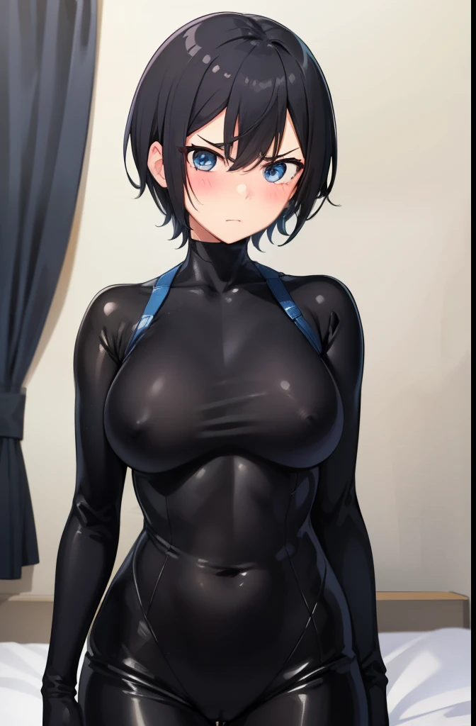 girl,boyish,Very short hair,Black Hair,Large Breasts,Black tight suit,Cowboy Shot,blush,Serious face,blue eyes,Tight fit,clearly,Striped pattern,Face down on the bed,Backwards,