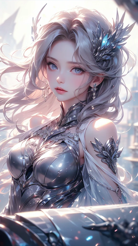(((Tabletop))), (((Highest quality))), ((Very detailed)), (Very detailed写真), ((Very delicate and beautiful)),(Cute delicate face),here is a digital art of a very futuristic looking female that has armor and armss, One Girl, arms, alone, sf, Holding, Holding arms, robot,Beautiful face and eyes, double eyelid,Delicate skin,Slim figure、Dress and armor