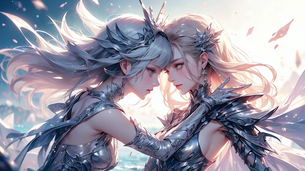 (((Tabletop))), (((Highest quality))), ((Very detailed)), (Very detailed写真), ((Very delicate and beautiful)),(Cute delicate face),here is a digital art of a very futuristic looking female that has armor and armss, One Girl, arms, alone, sf, Holding, Holding arms, robot,Beautiful face and eyes, double eyelid,Delicate skin,Slim figure、Dress and armor