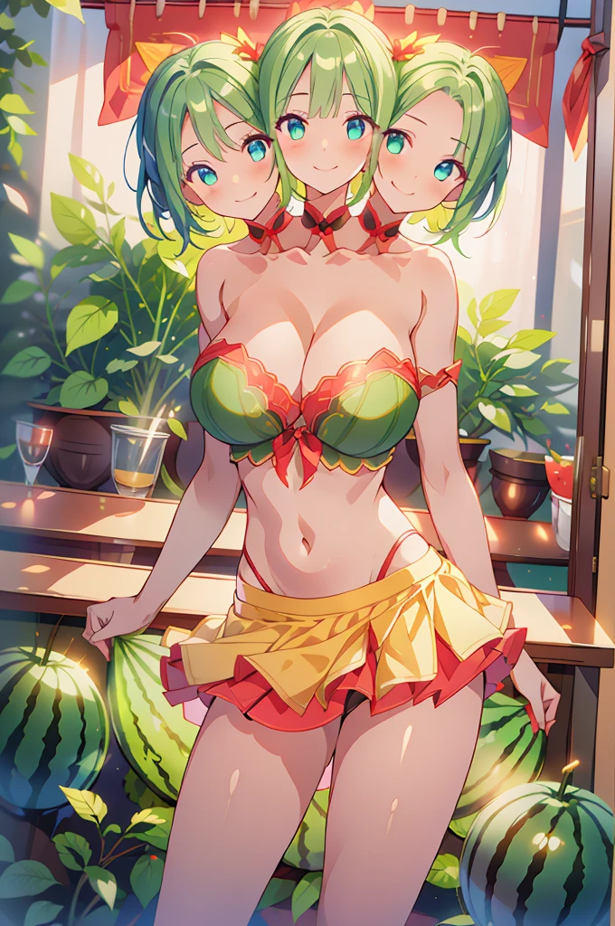 Girl, (3heads:1.5), big smile, beautiful eyes, short green hair, watermelon costume, big breasts, exposed stomach, short skirt