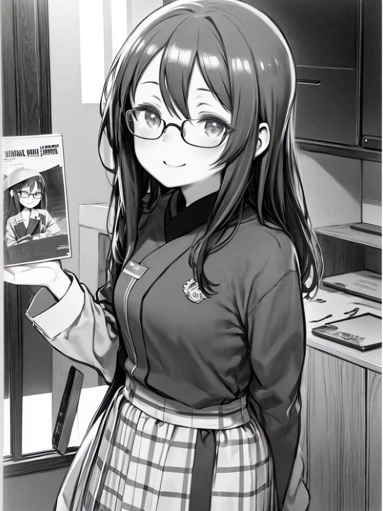 (masterpiece: 1.2), 4K, 8k, (Glasses: 1.2), {indoor|Outdoor}, {Day|night}, {Upper Body|Cowboy Shot}, (One girl: 1.2), alone, throw, Ayase Fuka, programmer, Otaku, Chief Executive Officer, Front view, From above, smile, grayscale, Monochrome, Halftone, drawing, manga,