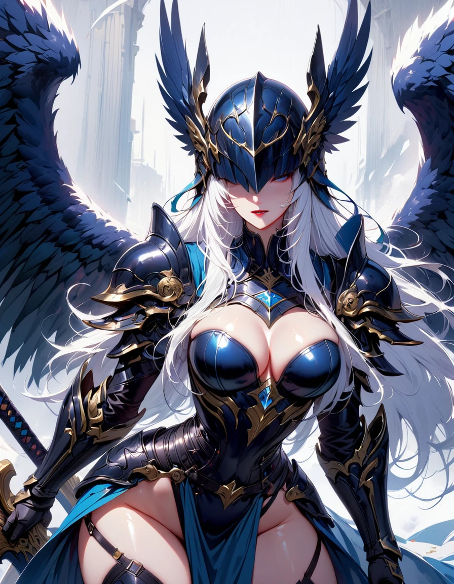 1 young beautiful woman,(Highest quality,Extremely detailed depiction,Incredibly absurd high resolution,Anatomically accurate depiction,Curvy Legs),(Glowing Skin,Shiny skin),(Valkyrie),(Sacred black armor,Holy sword,pocket,wing),(Blue Eyes,Half-closed eyes:1.3,Cool woman,Cold Atmosphere,Shadowed face,lipstick,There is cleavage in the chest,A seductive smile),Standing posture