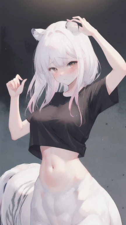 (best quality, masterpiece), 1 girl, centaur, It takes, White skin, korean ,daughter, black pink , crying sound,abdominal exposure, belly button t-shirt , 아름다운 소녀 perfect white tiger photo, perfect white tiger photo