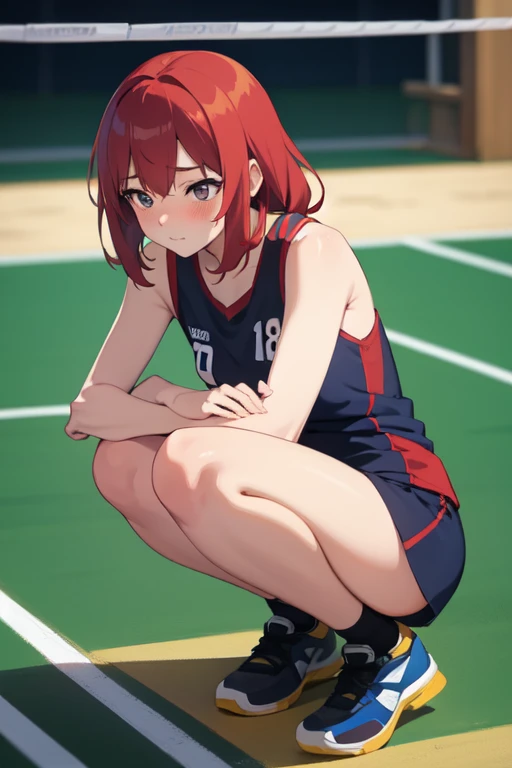 (masterpiece, Best Quality, ultra detailed, best shadow), women, volleyball, 18 years, pinned red hair, black eyes, anime, shy, submissive, blushing, eyes in love, squatting, naked, unclothed