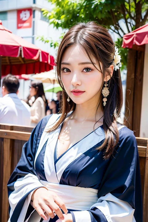 (masterpiece:1.3), (8k, Realistic, RAW Photos, Best image quality: 1.4), (Random Hairstyles:1.2)、Center of chest、(Highly detailed face)、Attention to detail、double eyelid、(Dark Eyes)、(Sharp focus:1.2)、Beautiful woman:1. 4,25 year old woman in kimono、Chest-length hair、Highest quality、masterpiece、Ultra-high resolution、(Realistic:1.4)、super high quality、Symmetrical face、The face is very realistic、Photo level、8k最高画質はフル、Sebaceous reflex、The face is very realistic、Extremely realistic skin、Realistic light and shadow effects、(innocent and classy girl),Professional Lighting、((Waist-up portrait:1.2))、Kimono、((Lots of food stalls))、((Outdoor Event Venues))