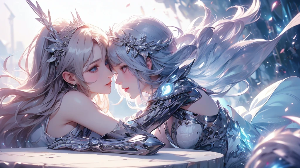 (((Tabletop))), (((Highest quality))), ((Very detailed)), (Very detailed写真), ((Very delicate and beautiful)),(Cute delicate face),here is a digital art of a very futuristic looking female that has armor and armss, One Girl, arms, alone, sf, Holding, Holding arms, robot,Beautiful face and eyes, double eyelid,Delicate skin,Slim figure、Dress and armor