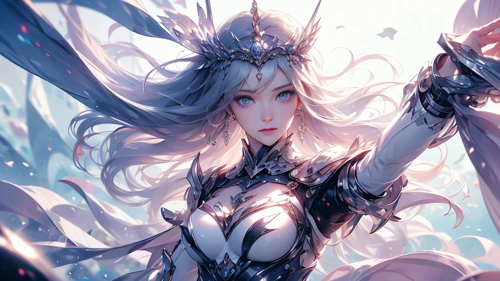 (((Tabletop))), (((Highest quality))), ((Very detailed)), (Very detailed写真), ((Very delicate and beautiful)),(Cute delicate face),here is a digital art of a very futuristic looking female that has armor and armss, One Girl, arms, alone, sf, Holding, Holding arms, robot,Beautiful face and eyes, double eyelid,Delicate skin,Slim figure、Dress and armor