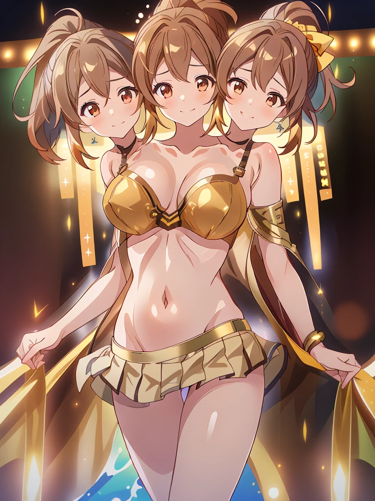 (masterpiece, best quality), best resolution, (3heads:1.5), 1girl, 16k resolution, highres, ultra quality, ultra resolution, ultra detail, FEDelthea, brown hair, ponytail, smiling, soft smile, open belly, gold-brown-white crop top, gold-brown miniskirt, gold-brown bikini, swimsuit attire, open breasts, very huge breasts, sexy pose, adult woman, 
