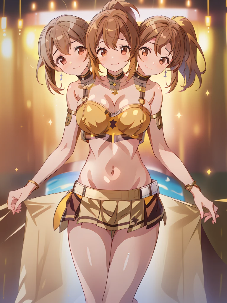 (masterpiece, best quality), best resolution, (3heads:1.5), 1girl, 16k resolution, highres, ultra quality, ultra resolution, ultra detail, FEDelthea, brown hair, ponytail, smiling, soft smile, open belly, gold-brown-white crop top, gold-brown miniskirt, gold-brown bikini, swimsuit attire, open breasts, very huge breasts, sexy pose, adult woman,