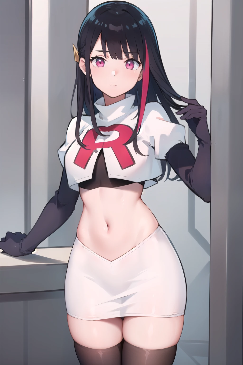 rouge redstar,1girl, black hair, solo, long hair, pink eyes,ear ornament, streaked hair, blunt bangs, looking at viewer,cowboy shot, team rocket,team rocket uniform,white skirt,red letter R,crop top,black thigh-highs,black elbow gloves, (best quality, masterpiece),