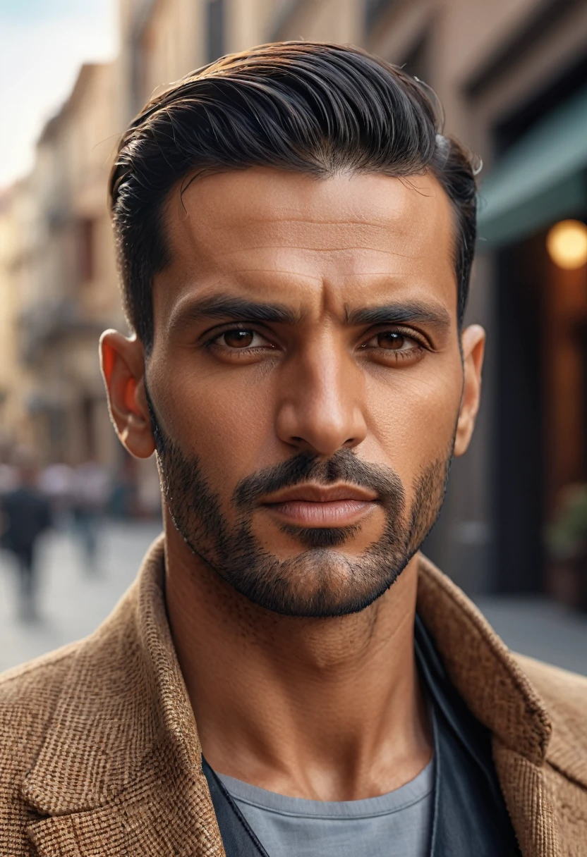 (arabian man, 20s old, young man, fashion model, square face), street style, serious looks, serious atmosphere, looking at viewers, profile photo, upper body shot, (from side), ((high-quality, hyper realistic, photorealistic, 8K, best quality, 4k, highres, masterpiece:1.5)), ultra-detailed, (realistic, photorealistic, photo-realistic:1.3), HDR, UHD, ultra-fine painting, sharp focus, physically-based rendering, extreme detail description, professional,