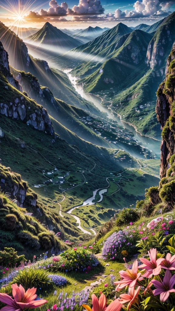 Mosgue on the mountain, View of the sea, surrounded by lush vegetation in a valley of flowers, rise sun, with rays of light, slightly misty day, Ultra -HD, Reality, cinematic light, detailed back ground, swirly vibrant colors, conceptual artwork
