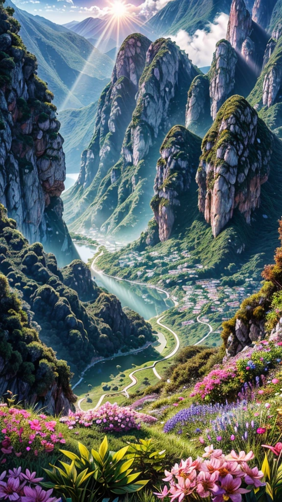 Mosgue on the mountain, View of the sea, surrounded by lush vegetation in a valley of flowers, rise sun, with rays of light, slightly misty day, Ultra -HD, Reality, cinematic light, detailed back ground, swirly vibrant colors, conceptual artwork