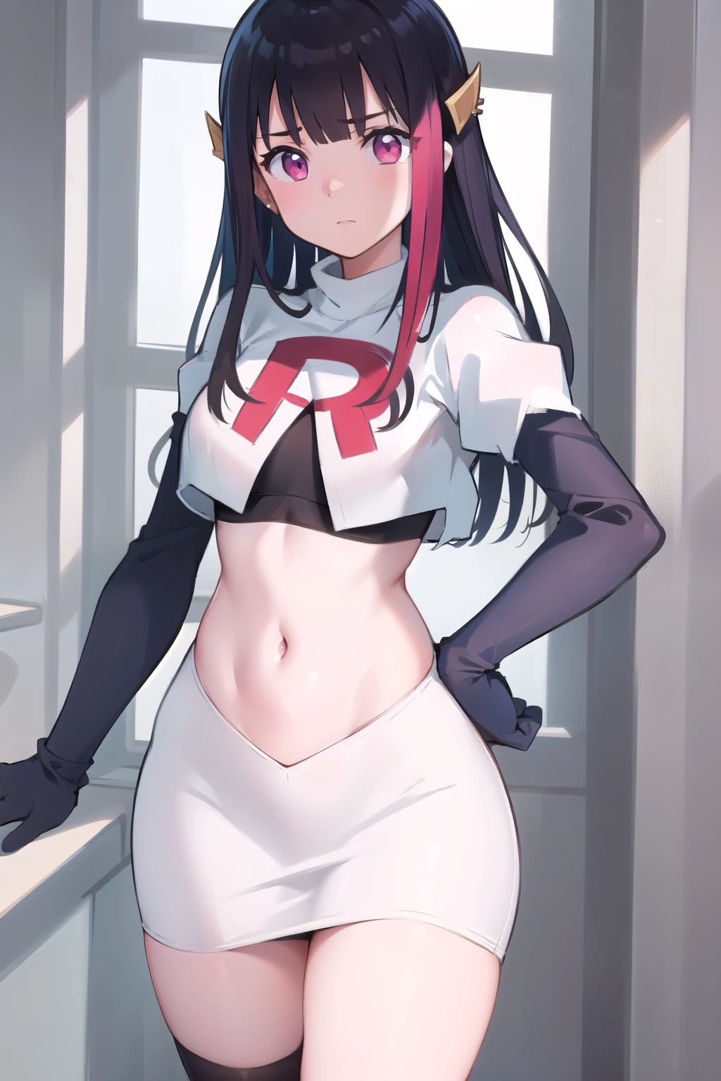 rouge redstar,1girl, black hair, solo, long hair, pink eyes,ear ornament, streaked hair, blunt bangs, looking at viewer,cowboy shot, team rocket,team rocket uniform,white skirt,red letter R,crop top,black thigh-highs,black elbow gloves, (best quality, masterpiece),