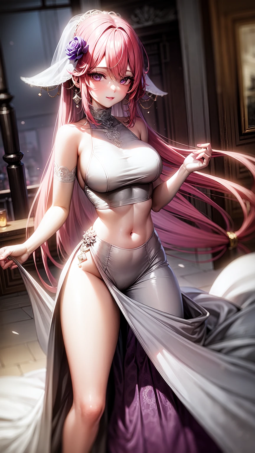 purple eyes,Wedding dress,long skirt,crop top,pink hair