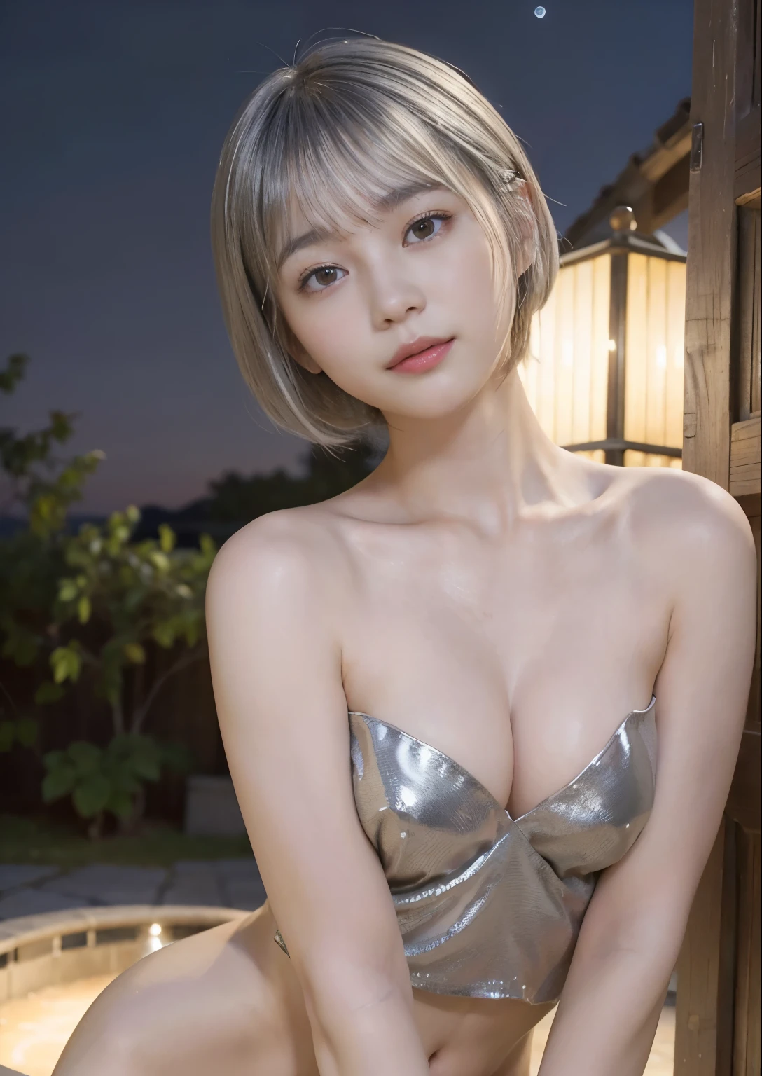 smile,((Browsing Caution)),(Highest quality:1.2), Female dog,(Female organ:1.1),8k, RAW Photos, Beautiful and sexy woman, Cute beautiful girl,((Her naked lower body is visible、股間のFemale organが見えている:1.3))、(Camel Toe)、((Small breasts:1.5))、((Short bob cut silver hair:1.5))、s old、Blue LED light、 Cleavage、White skin、high tech、Ultra-high resolution、Night view background、Beautiful Face、Professional Lighting、masterpiece、Highly detailed and beautiful professional photos、Thighs、Waist、Angle from below、Outdoors at night、SF's