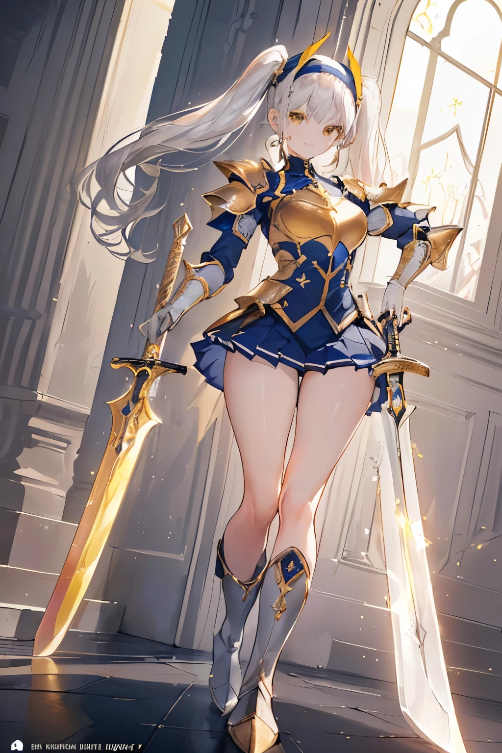 (((1girl))), ((best quality)), ((masterpiece)), ((ultra-detailed)), (illustration), (detailed light), (an extremely delicate and beautiful), (beautiful detailed eyes), (sunlight), ((extremely light)), ((extremely clothes)), (((hyper detail))),(((((front lighting))))),(((((front light))))),
((((quite adorable and armor with a pleated skirt and headband)))),
((((Divine Knight)))),
,
(((high twin pig tails))), ((((white silver hair)))),
(((yellow gold eyes))),
((((whole body)))), aged 5 to 8, ((((())))), ((((very adorable young girl)))),
((condescending expression)), ((mischievous smile ), (((extra adorable))), (((((extra slender shape))))),
(((((extremely beautiful detailed face))))),
(((bravely standing with a long-sword))), (((elegant boots))),
(Dutch angle), (((elegant gloves))), ((transparent magical underskirt)), front view, full body overview, , face aligned,
