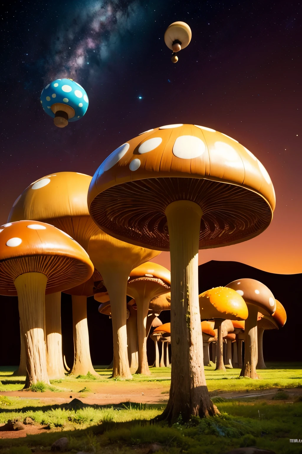 Unexplored planet,There are no plants on the planet,Instead, giant mushrooms live,Giant mushrooms grow on the ground.,Explorer in spacesuit walks under giant mushroom,Mushrooms are bigger than explorers in space suits,