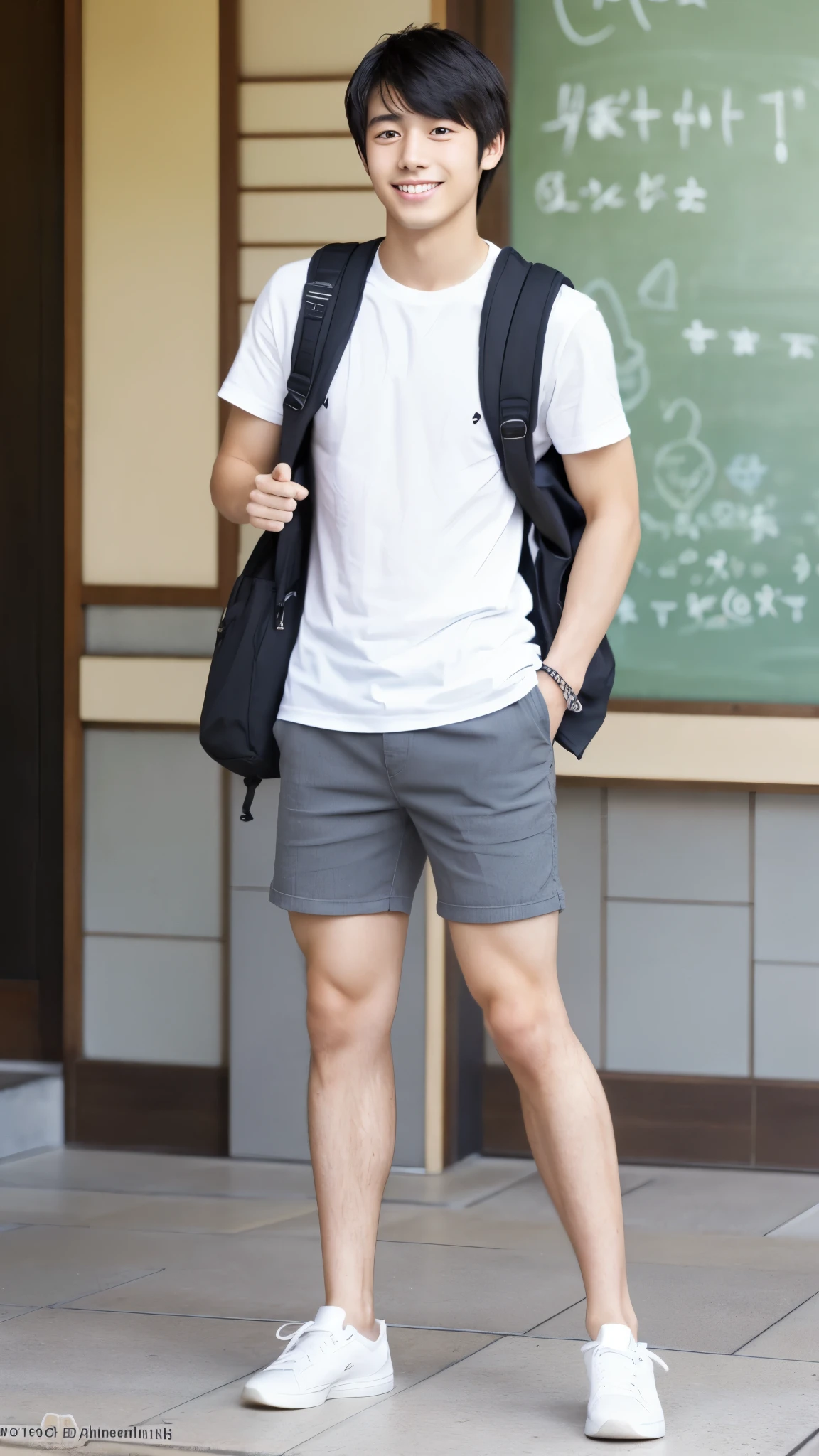 Japanese, male, university student, Wearing shorts,((full body)), (super sharp focus), (Hairy legs), (solo), smile, Anatomically correct, 