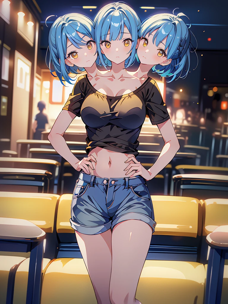 detailed, (masterpiece:1.2), (pale skin:1.2), (blurred_background), (dynamic_pose), (solo:1.2), (female), (emphasis lines:1.3), slender, armbands, bracelets, collarbone, blue hair, (micro_bikini), (shorts:1.3), sitting, (elbow_on_table), bare shoulders, navel, restaurant, tables, (palm_on_cheek), benches