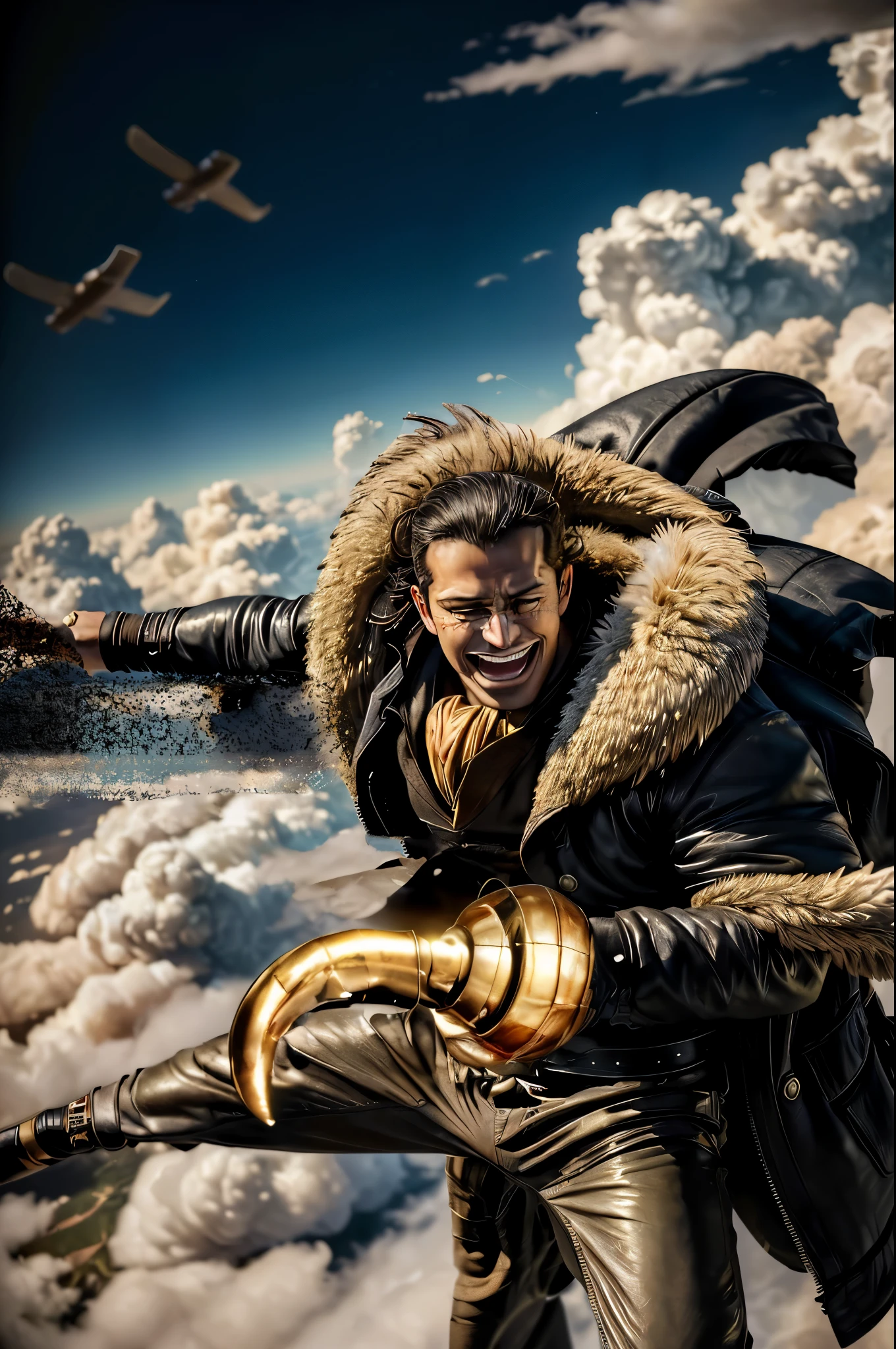 masterpiece, best quality, extremely detailed, hyperrealistic, photorealistic, a cool 40s man, ultra detailed face:1.2, fur-trimmed coat, scarf around the neck, his left hand is a golden pirate hook:1.1, cigar