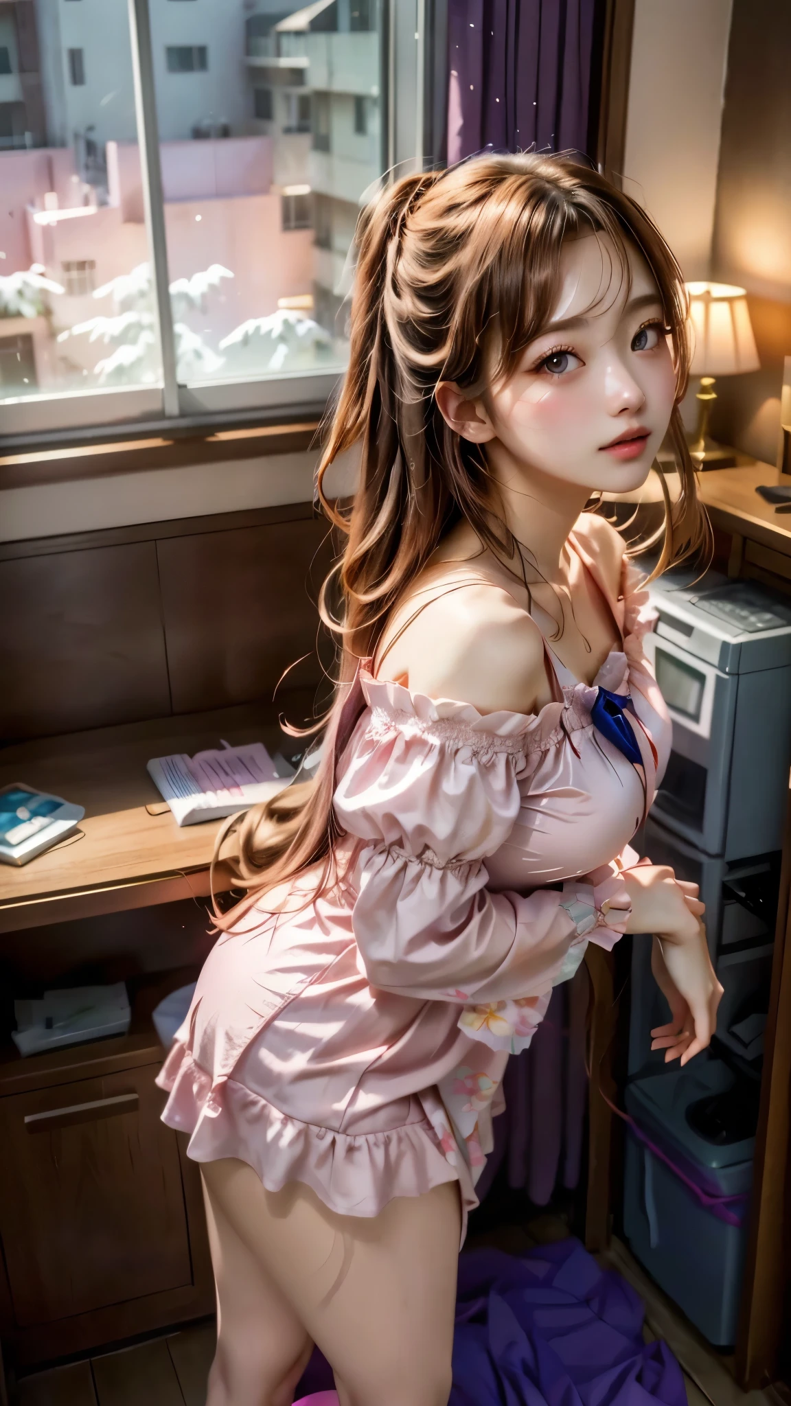 (masterpiece), best quality, ultra-detailed, 8K high-definition，(extremely) delicate beauty，Set indoors，gentlesoftlighting，Handrails，Hair brushes gently across your shoulders，A shallow smile，So cute and moving。 --auto