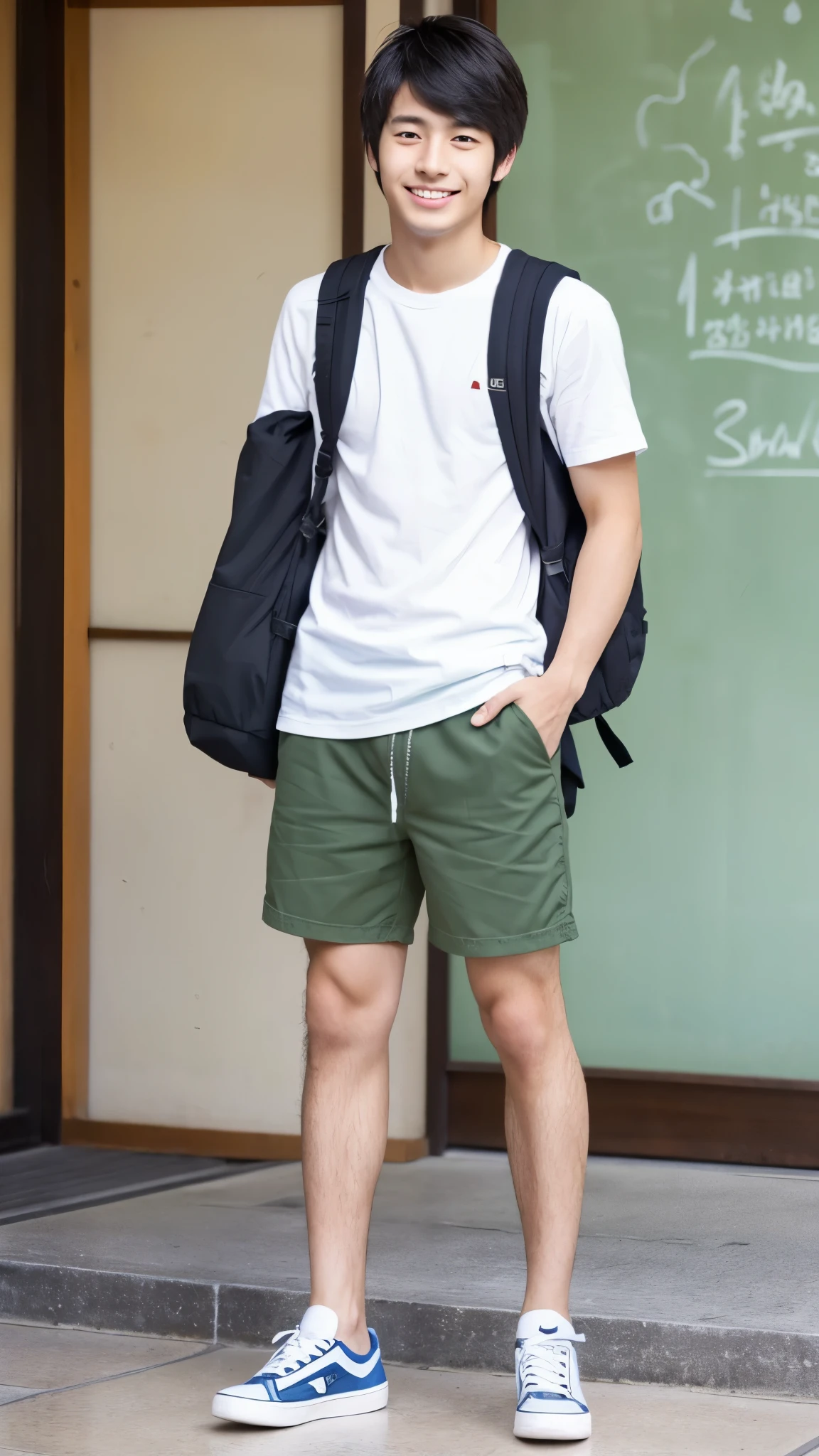Japanese, male, university student, Wearing shorts,((full body)), (super sharp focus), (Hairy legs), (solo), smile, Anatomically correct,
