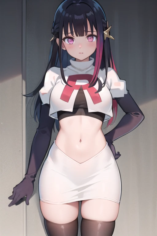 rouge redstar,1girl, black hair, solo, long hair, pink eyes,ear ornament, streaked hair, blunt bangs, looking at viewer,cowboy shot, team rocket,team rocket uniform,white skirt,red letter R,crop top,black thigh-highs,black elbow gloves, (best quality, masterpiece),