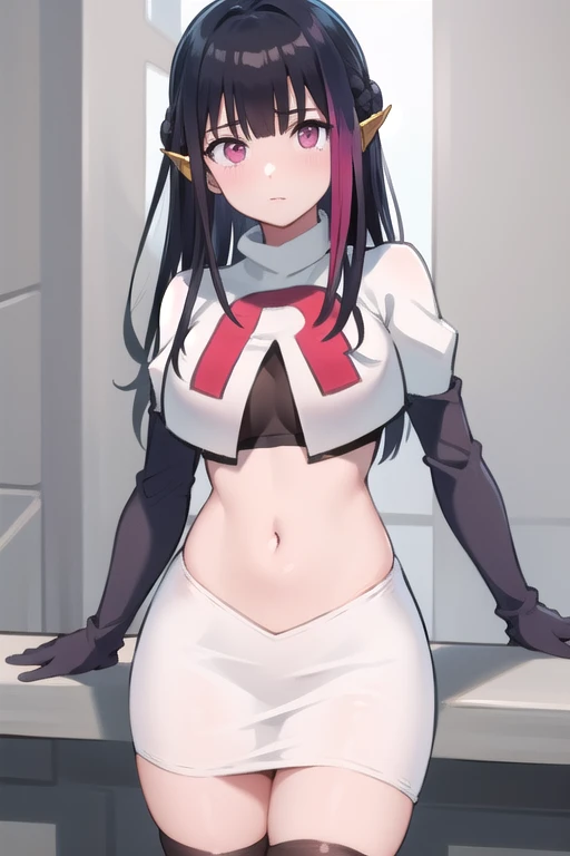 rouge redstar,1girl, black hair, solo, long hair, pink eyes,ear ornament, streaked hair, blunt bangs, looking at viewer,cowboy shot, team rocket,team rocket uniform,white skirt,red letter R,crop top,black thigh-highs,black elbow gloves, (best quality, masterpiece),