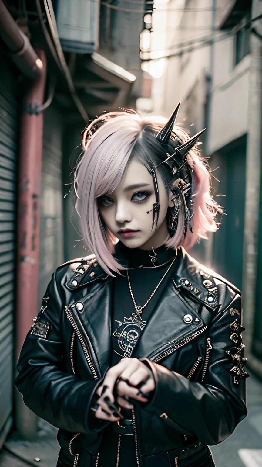 Mohawk、、Goth、(Tabletop), (Portraiture), (beautiful), (beautiful), (Upper blood), (high quality), (beautiful衣服), (Professional Perspective), (Rule of thirds), (feminine), (woman),  (beautiful),(feminine features), (Age 25), alone, woman1名, (Attractive punk girl), Winters, Dramatic Light,), anddgy makeup, (Small breasts), , (front), (Resistance的な表情), ((Resistance)), (Leather jackets and tattoos), ((Short hair)), (dyed (and.G. and pink) hair), (spiky hair), (Thick hair), Matte shine hair, (Hair bands scattered in the hair), (Green eyes), (A bold and daring look), (Pale skin), (Dark clothing), (Band T-Shirts), (Ripped jeans), (-), Crew neck), ((Urban alley background)), (Close-up shot), beautiful hands, both hands, Normal hand, Two Arms, Complete Hand, beautiful body, beautiful fingers, Normal finger, Five Fingers, Five Fingers, (Thumb Index Finger Ring Finger), beautiful ears, Normal ear, beautiful eyes, Shining Eyes, beautiful mouth, beautiful lips,