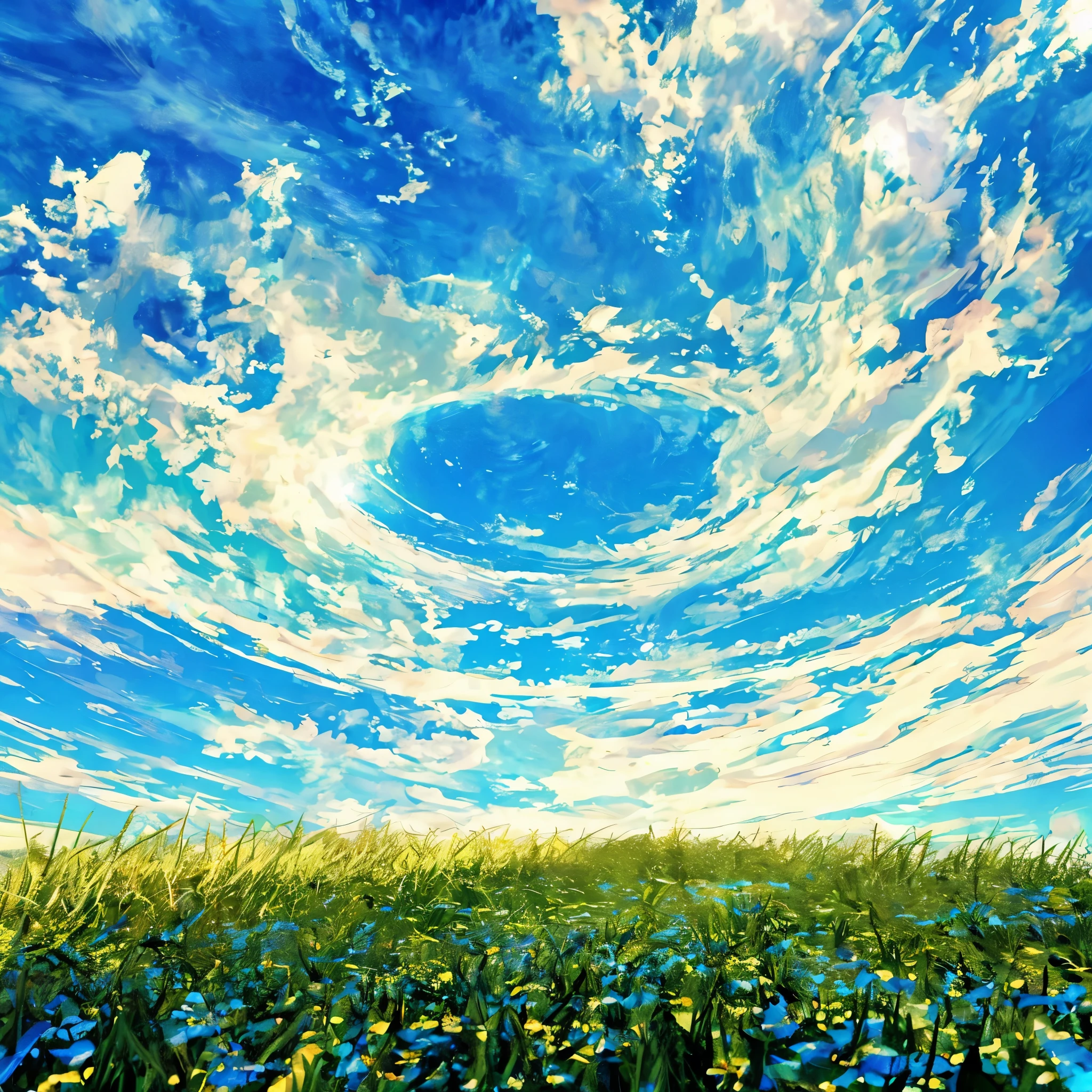 Turquoise sky、Lots of clouds、Angle from above、Grassland seen through the clouds