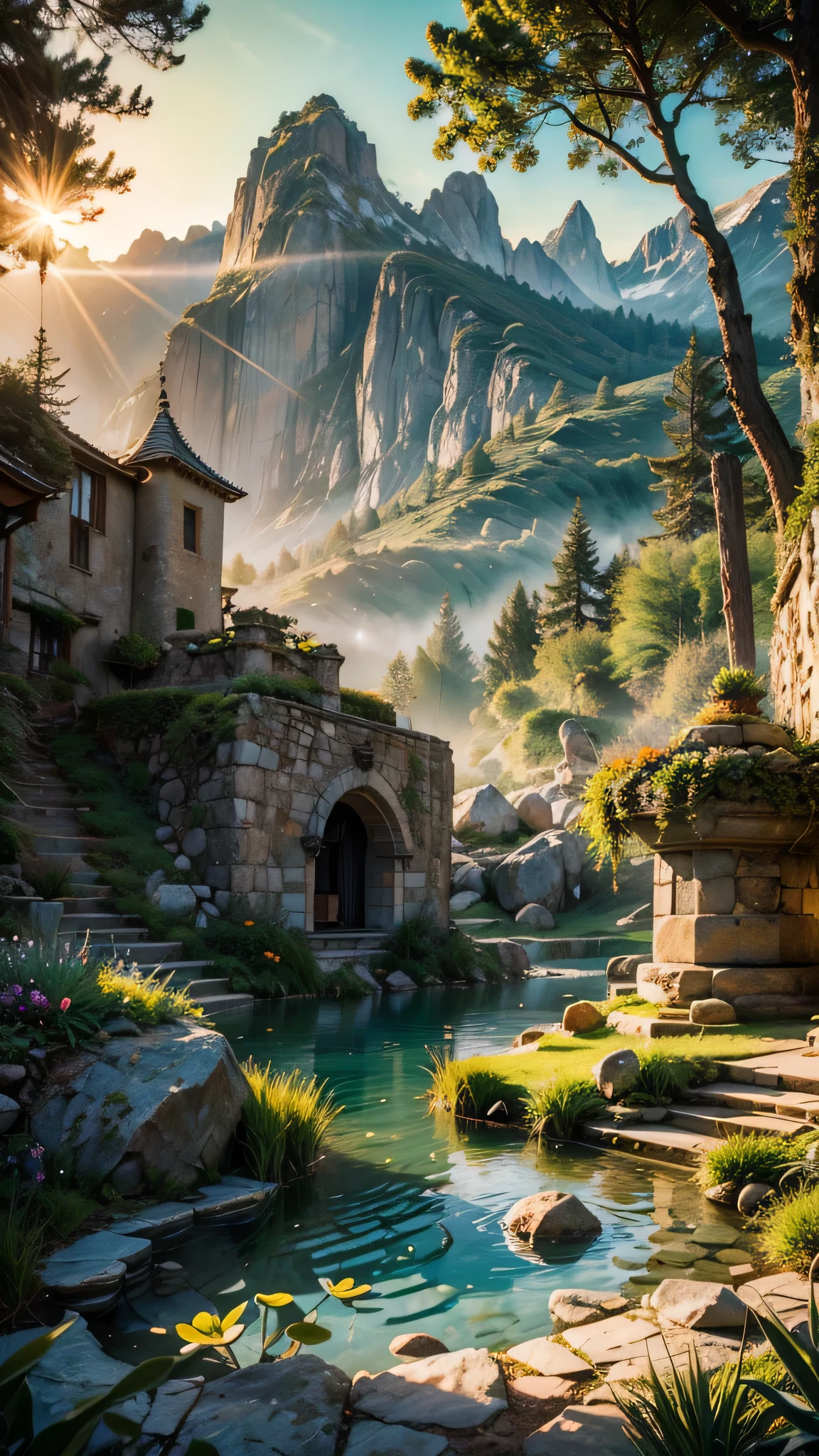 fairytale view with ornamented fantasy fairy garden in a wide valley with huge dramatic montains in the distance,large ornamental lawns, deep clear glowing natural pond, rocks plants flowers shrubs trees moss lawns grass animals,sunrise and strong sunbeams,very hazy,extreme details,photorealistic,4k,HD,beautiful,nature, dreamy, low shot,ground level photo