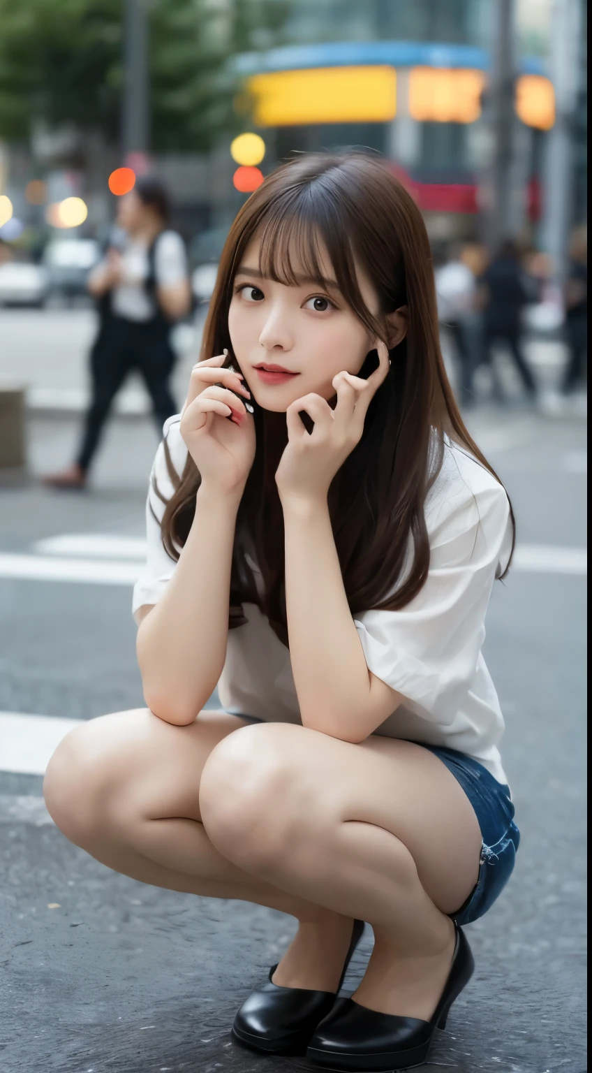 In detail, High resolution, high quality、Perfect dynamic composition, Beautiful attention to detail, Medium Hair, 、Natural color lip,Kamimei、Shibuya Scramble Crossing(Blur the background)、20-year-old girl、1 person、Clear Skin、Shiny Hair、Tabletop, 最high quality, figure, Very detailed, In detail, High resolution, 8k、The correct state of the human body、squat、Cute pose,Disheveled Hair,Beautiful feet,Perfect beautiful face,KPOP idol faces