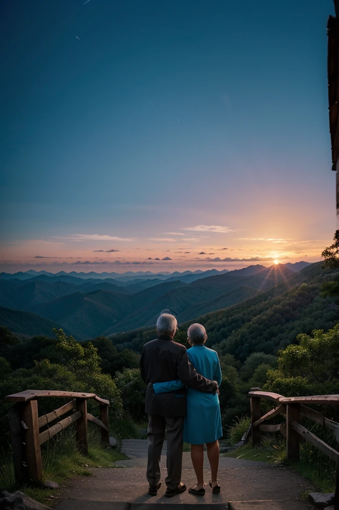 An elderly couple stood together in the heart of a majestic mountain range, surrounded by the dense, whispering forest. The sky above them was a canvas of vibrant hues, painted by the setting sun. They gazed in awe at the mesmerizing dance of a firefly, its tiny light flickering against the backdrop of the encroaching twilight. The scene was breathtaking, a perfect blend of nature’s wonders and the quiet, enduring love shared between the couple.