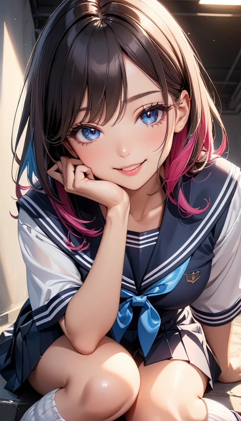 (Highest quality:1.24K, 8k, Studio Anime, Very detailed, Latest, Vibrant, High detail, High Contrast, masterpiece:1.2, Highest quality, Best aesthetics), (((1 Girl))), Sit and pose, JK, Sailor suit, Pleated skirt, loose socks, loafers, Please open your mouth a little:1.2, smile, Dynamic Angle, look up:1.3, Friendly atmosphere, Beautiful Hair, Shiny Hair, Beautiful Skin, Detailed face and eyes, Glossy Lips, Curvy Women, Striking contrast,