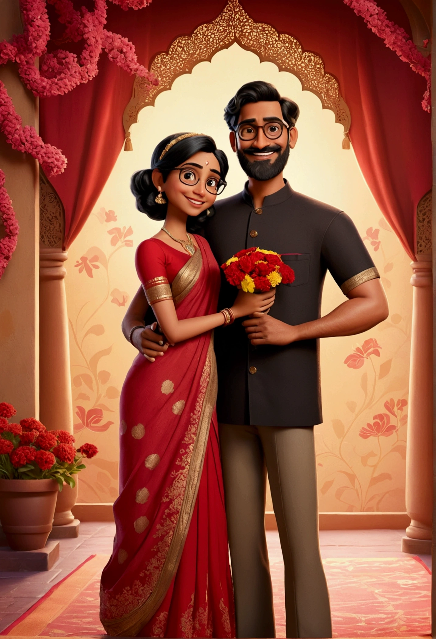 Disney Pixar style cartoon of a charming Indian couple, featuring a tall, dusky young man wearing glasses, with style beard, with short black hair, wearing a red kurta, standing beside a short, medium tall young woman with long hair adorned with flowers in a red saree, in front of a neutral background reminiscent of a Disney studio setting, characterized by high detail, 16k resolution, ultra clarity, volumetric lighting.