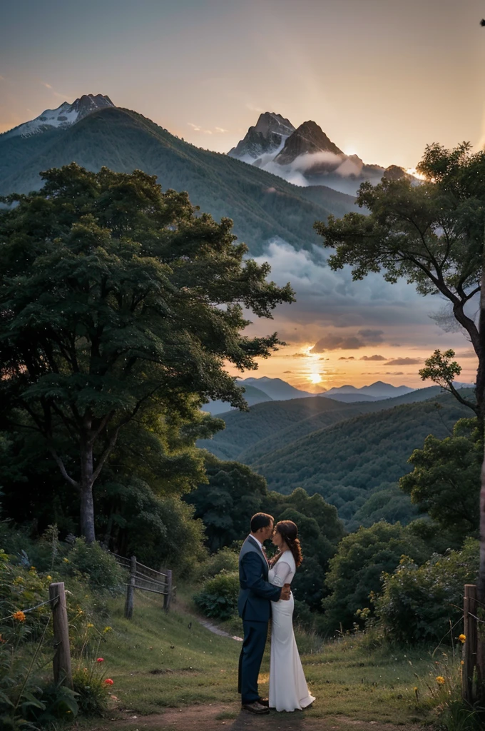 An elderly couple stood together in the heart of a majestic mountain range, surrounded by the dense, whispering forest. The sky above them was a canvas of vibrant hues, painted by the setting sun. They gazed in awe at the mesmerizing dance of a firefly, its tiny light flickering against the backdrop of the encroaching twilight. The scene was breathtaking, a perfect blend of nature’s wonders and the quiet, enduring love shared between the couple.