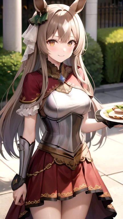 masterpiece, best quality, highres, {{8k}},
BREAK,
aasato, long hair, half updo, braid, hair between eyes, animal ears, ear ornament, medium breasts, plate armor, long red skirt, cowboy shot, shy smile, blush, cute, wide hips, busty,
BREAK,
outdoor, castle,