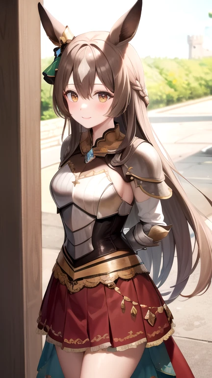 masterpiece, best quality, highres, {{8k}},
BREAK,
aasato, long hair, half updo, braid, hair between eyes, animal ears, ear ornament, medium breasts, plate armor, long red skirt, cowboy shot, shy smile, blush, cute, wide hips, busty,
BREAK,
outdoor, castle,