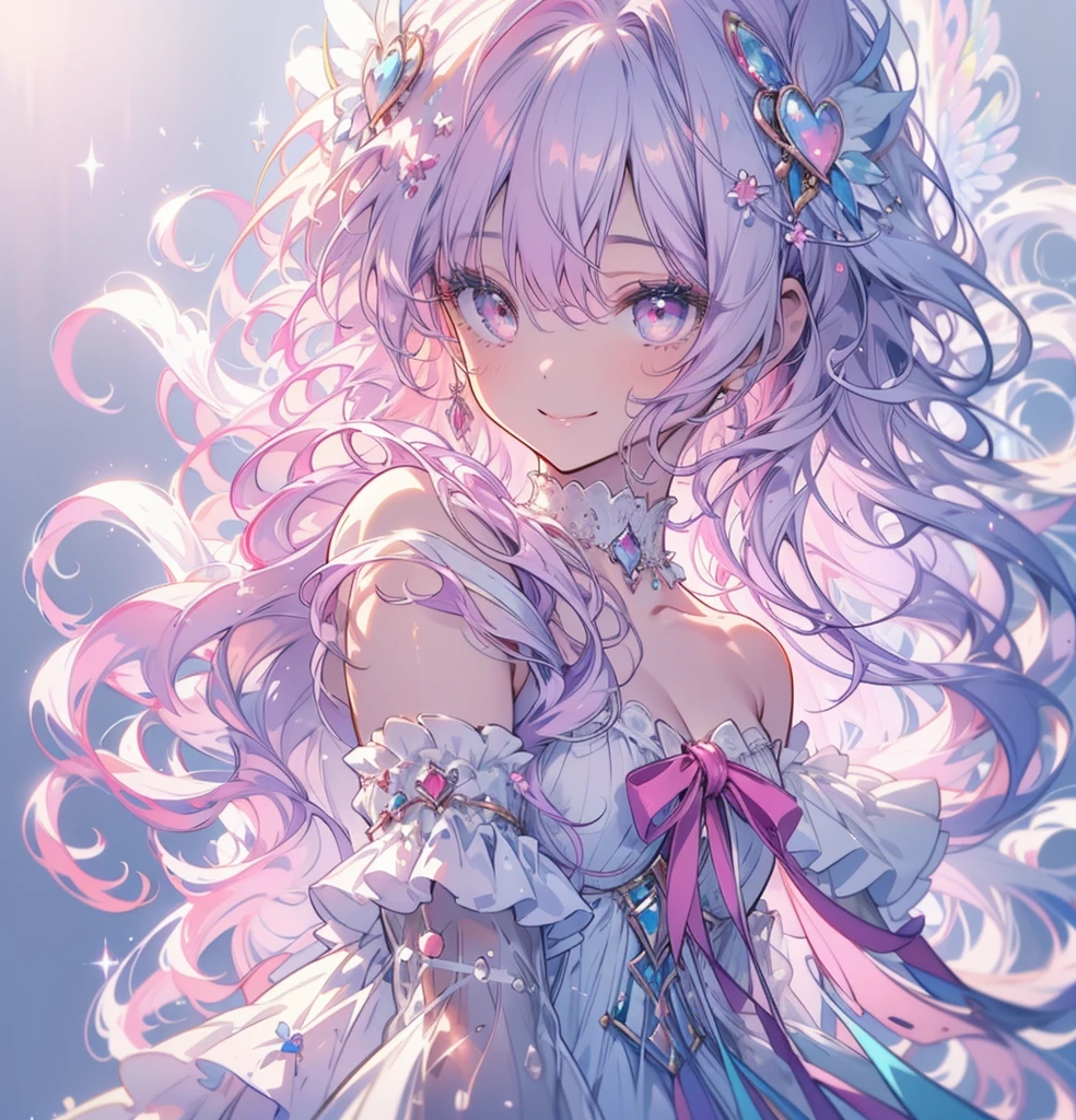 (masterpiece,Highest quality, Very detailed, beautiful, Exquisite, 16K, Full HD), ((smile,Happy:1.5)),get up,((Frills, Sparkling fluffy layered ball gown)), (Pink medium hair,Wavy Hair,Fluffy hair),(White skin,Lavender eyes, Long eyelashes, Big eyes,Pale pink cheeks), (pastel colour,Fantasy art:1.2), (White Background:1.8),Turn your whole body forward,Upper Body
