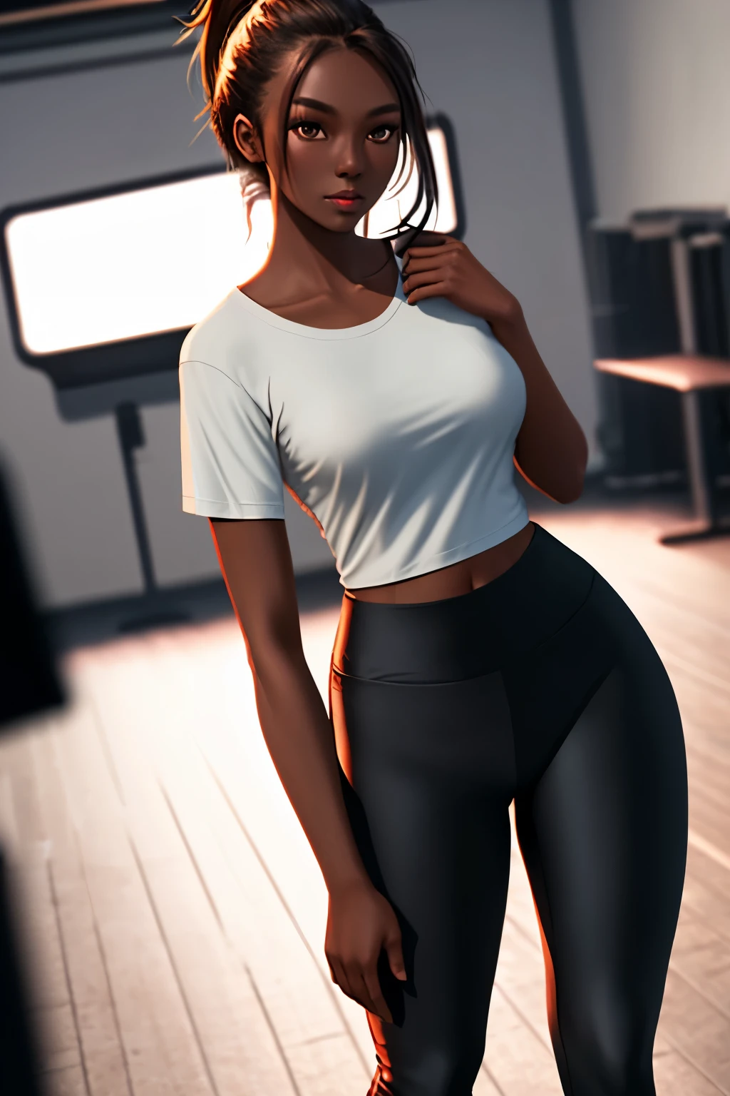 1womanl, dark skin color, defined body, longye hair, ponytail hair, Hair over the shoulder, legging pants, short regatta shirt, lightbrown eyes, cinematic lighting, wide shot, uhd, super detail, high quality, best quality, 8k
