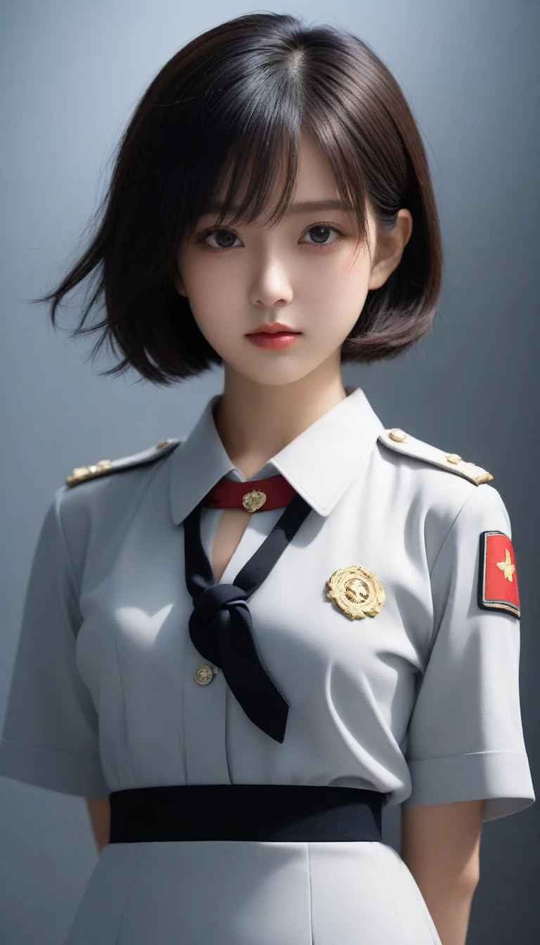 8k, Ultra-high resolution, Highest quality, masterpiece, 三分割法によるphotograph,Surreal, photograph, 1 Girl, (:1.3), pretty girl, Cute Face, Beautiful eyes in every detail, 細かくdetailedに,masterpiece,One Girl:1.2,Japanese female officer,Superior non-commissioned officer,full body,furious,glaring,Black short hair,Bob with bangs, (The finest ceremonial attire:1.3),Pencil Skirt,Military clothing,Nazi SS uniform,HUGO BOSS,Sharp contours,Looking down,Gray background, Light from above, Low contrast, (Side view),Perfect and beautiful face ,完璧でCute Face, Skin with attention to detail, Perfect limbs、Narrow waist,Looking at the audience,(((Ideal body type))),A cup small breasts :2,Portraiture:2,Perfect Anatomy,鮮明なdetailed,detailed,Surreal,Light and shadow,glowing